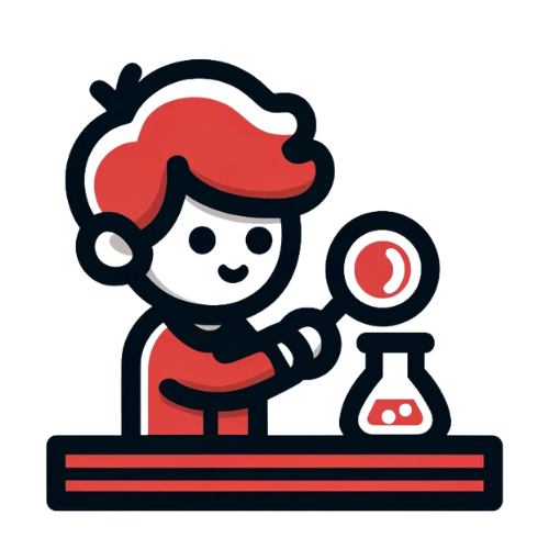 Cartoon child scientist with magnifying glass and flask