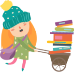 Girl pushing cart full of books